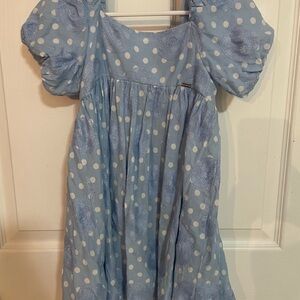 Mayoral Light Blue and White Polka Dot Puff Sleeve Dress